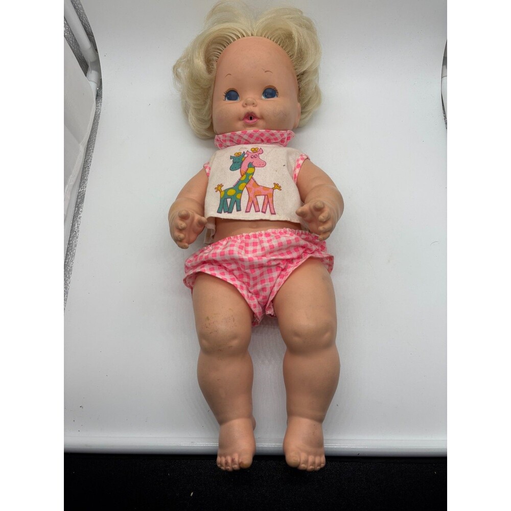 Vintage Play Doll Hard Plastic Body Soft Vinyl Head Blue Eyes Pink Outfit 14"